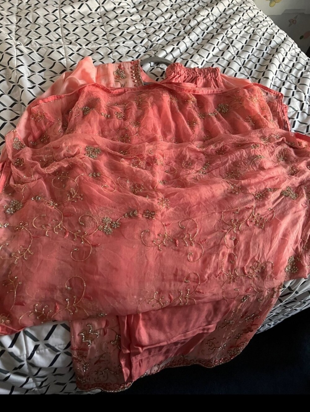 Rhinestone And Mirror Work Coral Salwar Shalwar Kameez - Picture 10 of 11